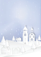 Winter holiday snow falling in the village on hill background. Christmas season paper cut style illustration.