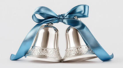 A pair of shimmering silver bells, tied with a vibrant blue satin ribbon, polished to a mirror finish