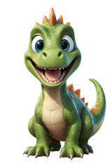 Obraz premium An animated dinosaur with a big smile appears against a white backdrop.