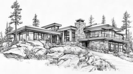A detailed architectural sketch of a modern house set among rocky terrain and trees.