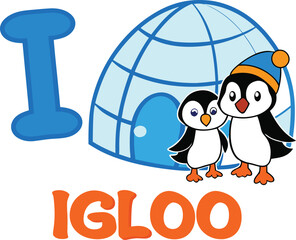 Alphabet I - Igloo with Penguins: A fun, colorful illustration for kids' education, preschool, and kindergarten learning concepts