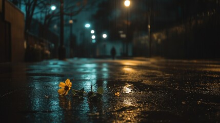 Lonely street at night on wet sidewalk A lone figure walks away in the rain background wallpaper AI generated image