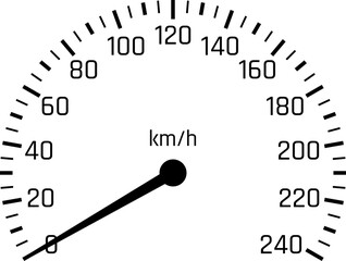 Realistic car speedometer with red speed level scale. Racing speed counter. Engine power concept template. Speed meter with red arrow and kilometers measuring scale. Vector illustration