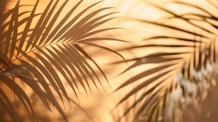 Obraz premium A close-up of the shadows of palm leaves on a light brown wall.