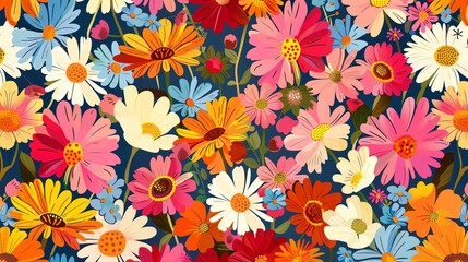 A seamless pattern of colorful flowers on a dark blue background.