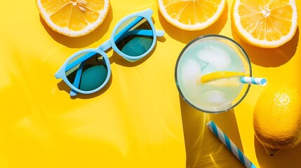 Sunglasses, lemonade, and lemons on a bright yellow background.