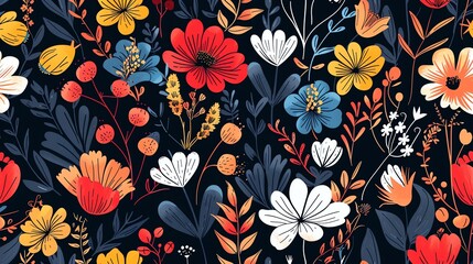 A seamless pattern of colorful flowers and leaves on a dark background.
