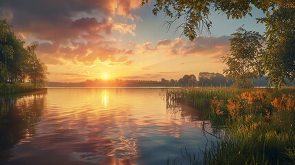 Obraz premium A peaceful sunset over a lake with trees and tall grasses along the shore.