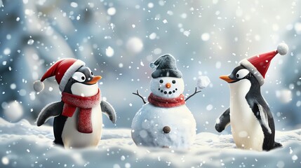 Two penguins in red Santa hats and a snowman with a red scarf stand in the snow, with snowflakes falling around them.