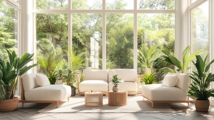 A serene indoor lounge with light furniture and lush greenery, perfect for relaxation.