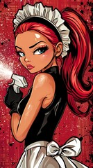 A sassy redhead maid with fiery hair holds a paint sprayer against an abstract red background.