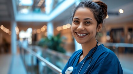 Fototapeta premium A smiling female nurse in a blue scrubs and stethoscope.