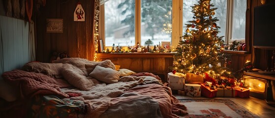 Cozy and Warm Living Room Decorated for Christmas with Soft Textiles, a Beautiful Tree, and a Festive Atmosphere of Cheer and Comfort