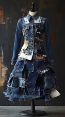 Fototapeta premium Fashionable Denim Dress Made from Recycled Jeans on a Mannequin.