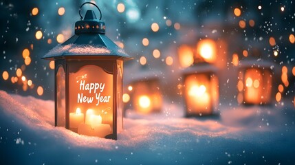 Beautiful Lantern Illuminating a Snowy Landscape with Warm Glow and Sparkling Snowflakes to Celebrate the Joyous New Year Ahead in a Magical Atmosphere