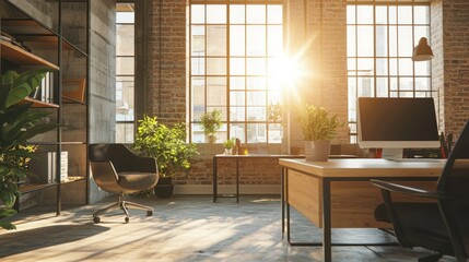 A contemporary office space with natural light streaming through large windows, complemented by modern, adjustable indoor lighting for an optimal work environment.