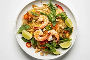 Bowl of Pad Thai , Isolated white background, flat lay