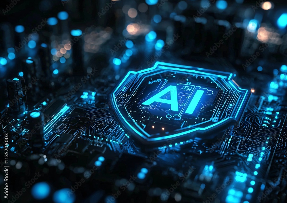 Poster ai security futuristic tech digital shield circuit board artificial intelligence