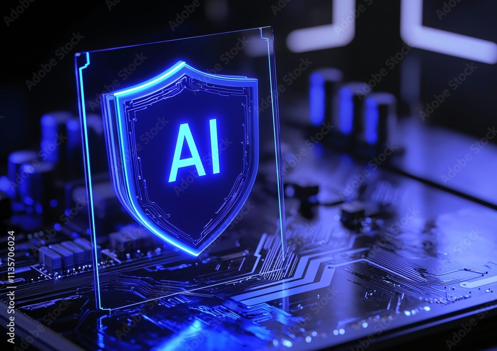 Aufkleber ai security futuristic tech shield on circuit board