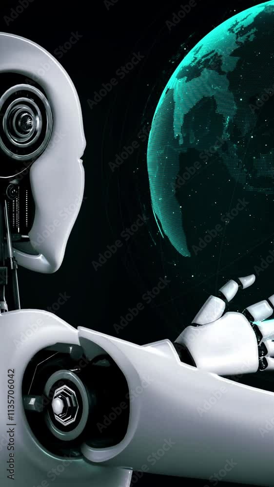 Poster ai hominoid robot holding virtual hologram screen showing concept of big data analytic using artific