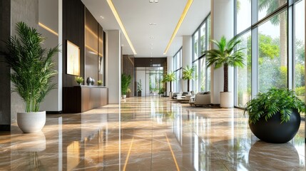 Obraz premium Modern interior of luxury office hall, clean shiny brown floor and green plants in lobby of commercial building. Concept of marble tile, hallway, service, company, contemporary design