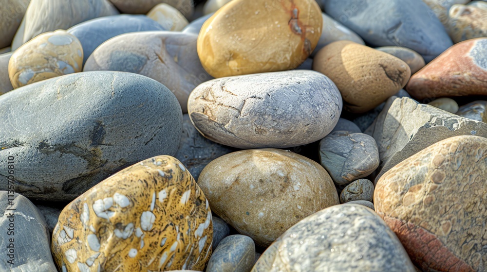 Poster a close-up of smooth, rounded stones, some with interesting patterns.