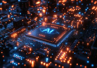 Fototapeta premium AI Chip Futuristic Technology Circuit Board Digital Artificial Intelligence Innovation Glow Network