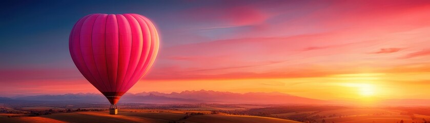 Fototapeta premium A vibrant hot air balloon floats against a stunning sunset, casting a colorful glow over the landscape.