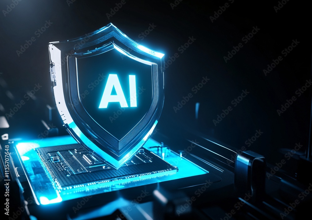Aufkleber ai security futuristic tech shield on microchip