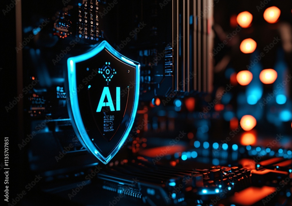 Poster ai security shield digital protection cyber safety technology data network artificial intelligence
