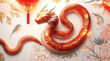 Obraz premium Happy Chinese New Year 2025,Year of the snake zodiac sign,Snake illustration and design,Asian elements gold paper cut style,Lunar new year concept,New Year card 2025.
