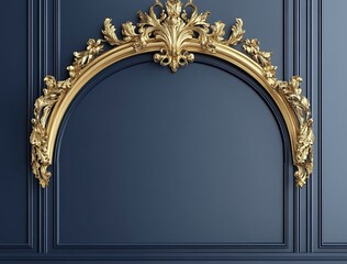 Gold ornate frame on a blue wall. Baroque style, luxury, elegance.