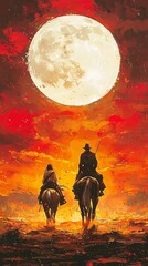 Naklejka premium Two Silhouetted Horse Riders Journey Under a Giant Moon in a Fiery, Artistic Landscape.