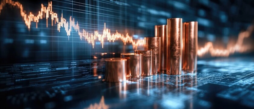 Metallic Cuprum Cylinders Rise Against Economic Graph. Shining bars reflect the stock market's fluctuations. Financial growth depicted by ascending copper rods