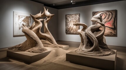 Sand sculptures and abstract paintings displayed in modern art gallery.