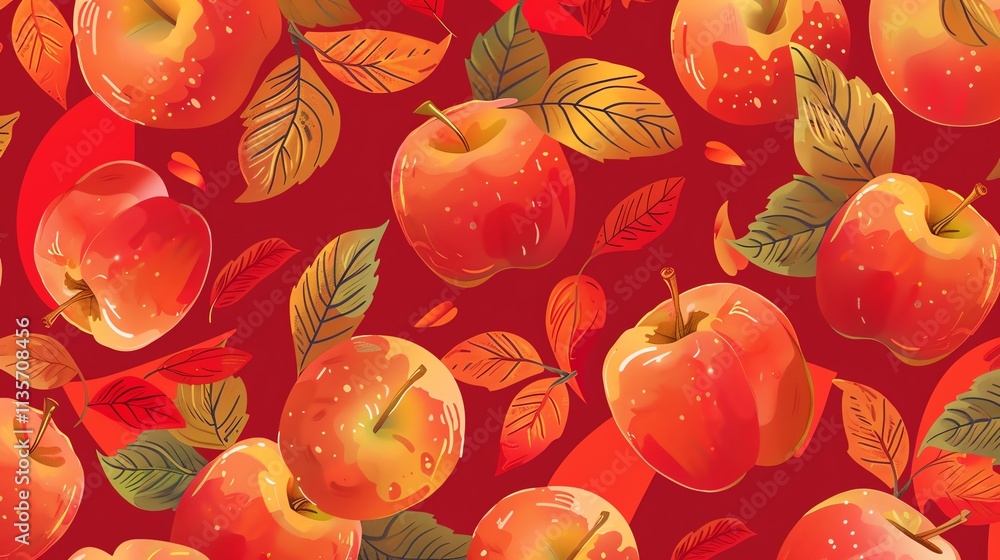 Poster seamless pattern with apples and leaves in autumn colors.