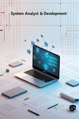 Fototapeta premium Illustration of systems analyst and development with laptop at work desk with pile of papers, pens and smart watch