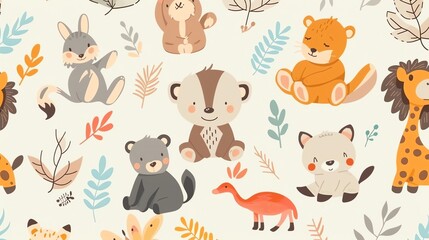 Fototapeta premium A seamless pattern of cute animals and plants.