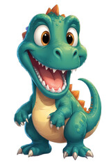 Fototapeta premium A smiling green and brown dinosaur appears against a white backdrop.