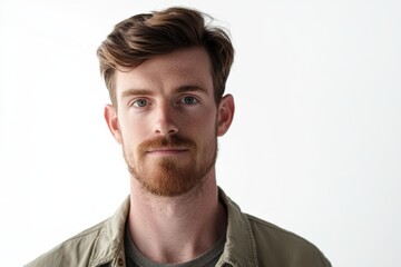 Obraz premium Confident Young Man with Stylish Hair and Beard Posing Against a White Background