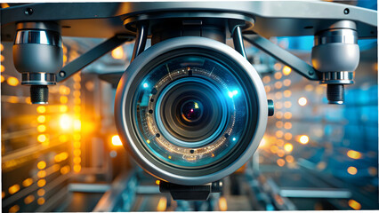 Fototapeta premium Macro Shot AI Drone Camera Lens Digital Processing Symbols Aerial Imaging Technology Space for Text Stock Photo