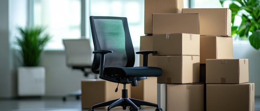 Stack of cardboard boxes with stuff and office chair in empty office room. Moving to new office, relocating, crisis, remote working, start new business, e-commerce concept
