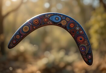 designed boomerang adorned with vibrant, swirling patterns 