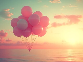 Fototapeta premium Pink Balloons Floating Above Calm Ocean Sunset