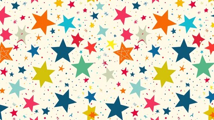 A seamless pattern of colorful stars on a cream background.