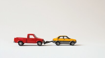 A small toy tow truck towing another toy car, set against a plain white background