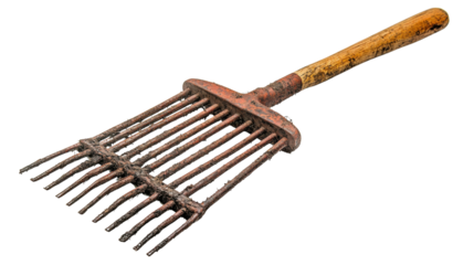 rake with a wooden handle isolated on white background