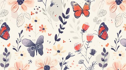 A seamless pattern with colorful flowers and butterflies.