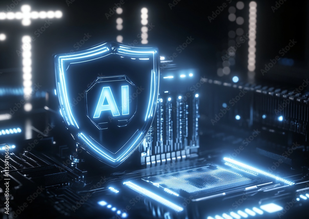 Poster ai security futuristic tech shield on circuit board