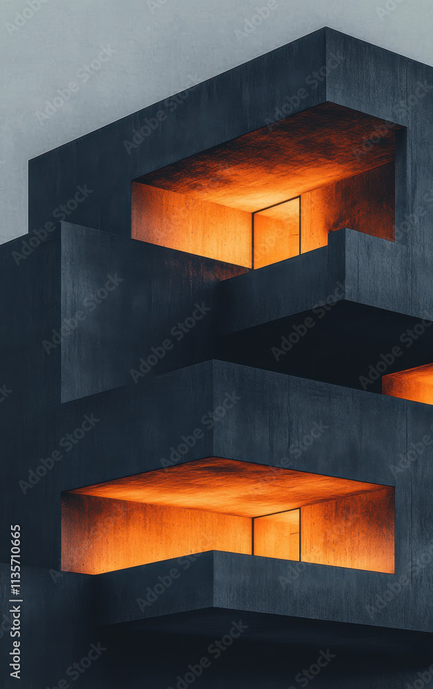Poster a modern architectural structure featuring dark concrete and illuminated sections, creating a striki
